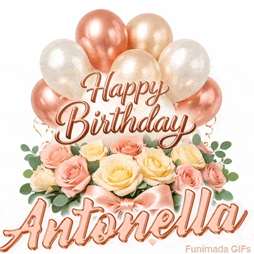Beautiful pink and peach roses with gently moving Happy Birthday Antonella text