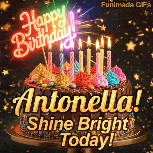 Custom birthday ecard for Antonella featuring a gourmet chocolate cake decorated with a neon Happy Birthday topper.