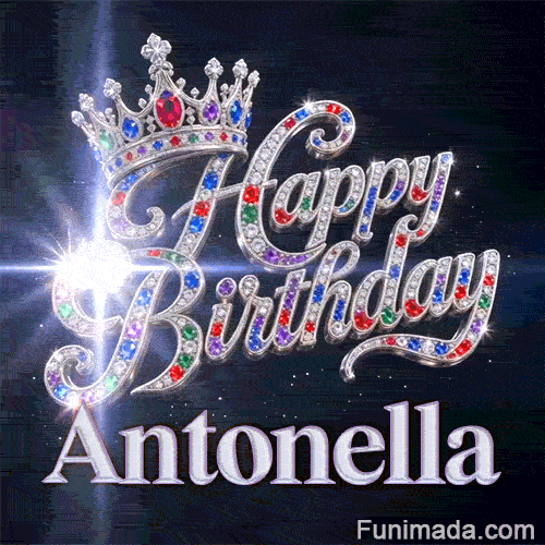 Happy Birthday Antonella animated GIF featuring a majestic silver crown decorated with rubies and emeralds.