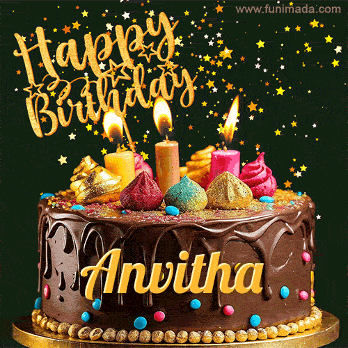 A delightful chocolate birthday cake with bright candles and 'Happy Birthday Anvitha' written in gold amidst a shower of animated stars.