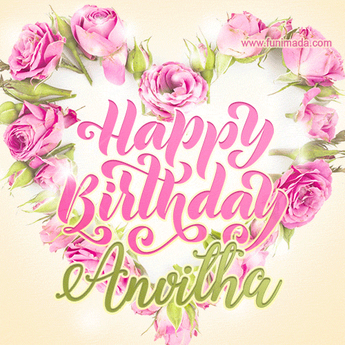 A stunning heart made of pink roses surrounds the elegant script text 'Happy Birthday Anvitha' on a soft beige background. Animated sparkles add a magical and festive feel.