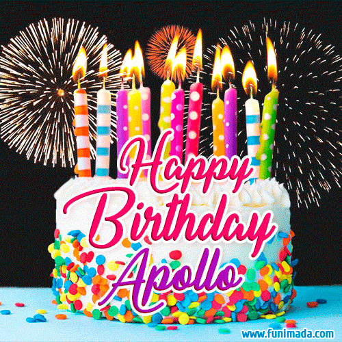 Amazing Animated GIF Image for Apollo with Birthday Cake and Fireworks