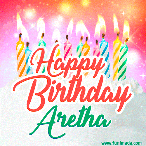 Bright birthday candles with rainbow flames on a cake, alongside the text 'Happy Birthday Aretha' in vibrant script in this celebratory animated GIF.