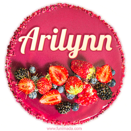 Beautifully decorated red velvet berry birthday cake with vibrant fruits and a glowing 'Arilynn' name, adding a touch of sweetness and sparkle.