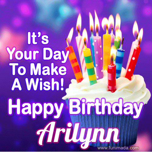 A colorful birthday GIF for Arilynn featuring a cupcake with vibrant lit candles and the text 'It's Your Day to Make a Wish! Happy Birthday Arilynn' in bold letters on a festive purple background.