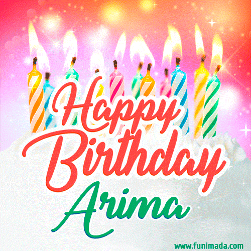 Bright birthday candles with rainbow flames on a cake, alongside the text 'Happy Birthday Arima' in vibrant script in this celebratory animated GIF.