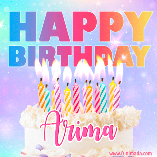 A vibrant animated name GIF with the words 'Happy Birthday Arima' with colorful candles on a creamy cake. The background sparkles with pastel shades, adding a festive touch.