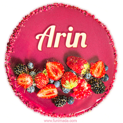 Beautifully decorated red velvet berry birthday cake with vibrant fruits and a glowing 'Arin' name, adding a touch of sweetness and sparkle.