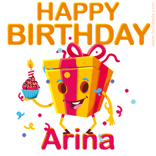 A vibrant and funny gift box character with a happy face dancing with a cupcake and the text 'Happy Birthday Arina,' surrounded by animated confetti and party vibes.