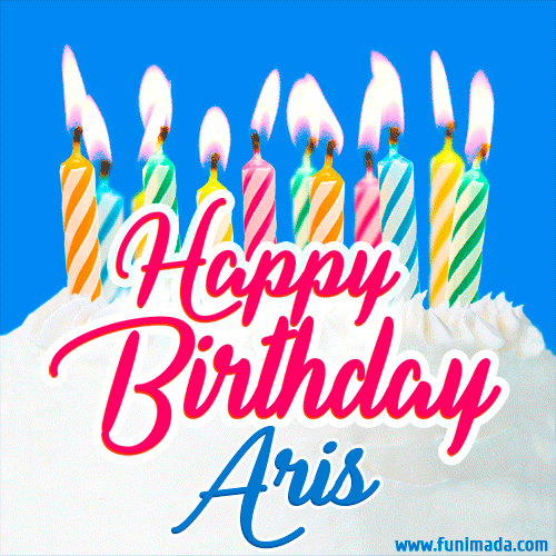 A cheerful animated GIF featuring colorful lit birthday candles on a white cake, with the text 'Happy Birthday Aris' in bold red and blue script on a bright blue background.