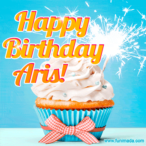 A cheerful animated GIF of a cupcake with creamy frosting, a red checkered ribbon, and a bright sparkler on top. The text 'Happy Birthday Aris!' is displayed in vibrant orange and red.