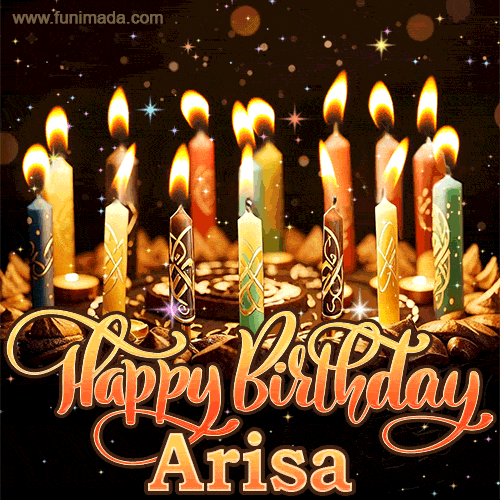 A glowing personalized birthday GIF with name Arisa featuring lit candles with intricate designs, warm lighting, and the text 'Happy Birthday' in an elegant font.