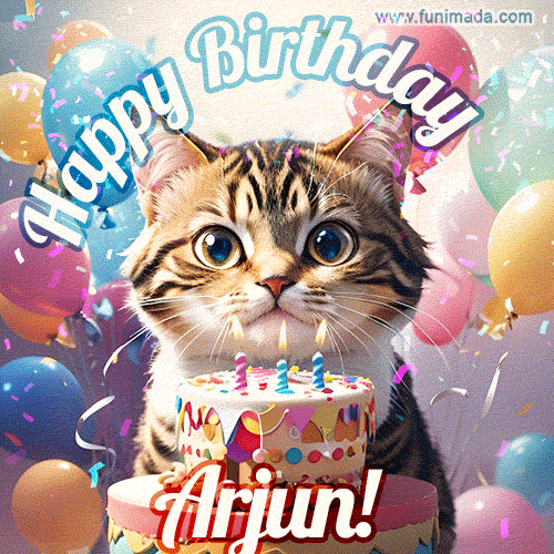 Happy birthday gif for Arjun with cat and cake