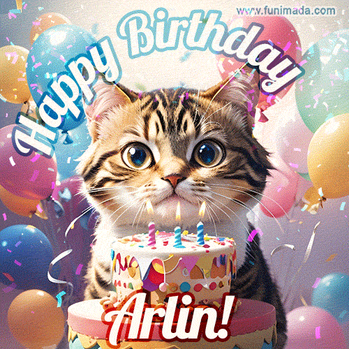 Happy birthday gif for Arlin with cat and cake