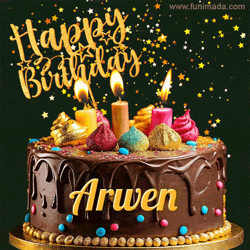 A delightful chocolate birthday cake with bright candles and 'Happy Birthday Arwen' written in gold amidst a shower of animated stars.