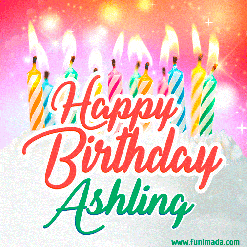 Happy Birthday GIF for Ashling with Birthday Cake and Lit Candles