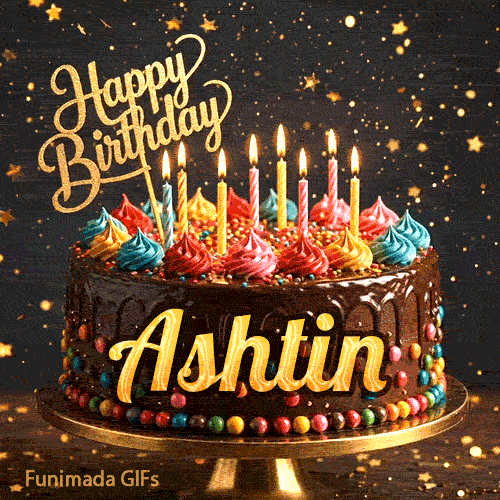 Sparkly golden star background with a detailed chocolate drip cake and the name Ashtin on the front.