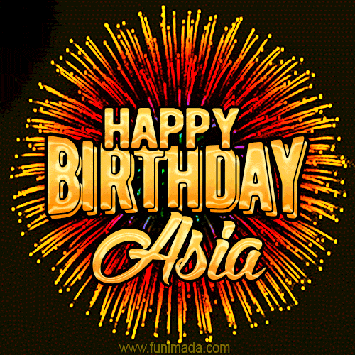 Golden 'Happy Birthday Asia' text accompanied by animated rainbow fireworks for a festive animated greeting.