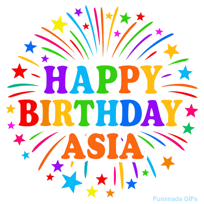 Happy Birthday Asia' GIF with rainbow-colored letters, colorful stars, and fireworks on white background.