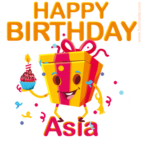 A vibrant and funny gift box character with a happy face dancing with a cupcake and the text 'Happy Birthday Asia,' surrounded by animated confetti and party vibes.