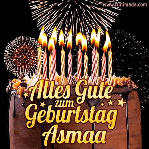 A chocolate birthday cake with glowing candles, the German text 'Alles Gute zum Geburtstag Asmaa,' and vibrant fireworks lighting up the background in an animated GIF.