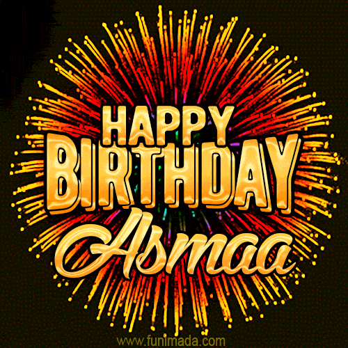 Golden 'Happy Birthday Asmaa' text accompanied by animated rainbow fireworks for a festive animated greeting.