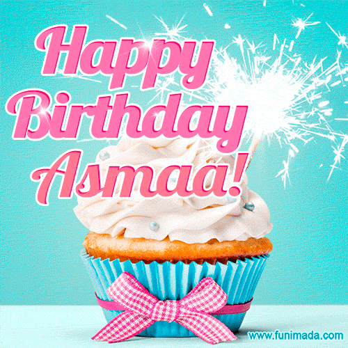 A festive cupcake with pink icing, a gingham bow, and a lit animated sparkler, paired with 'Happy Birthday Asmaa!' in bright pink text.