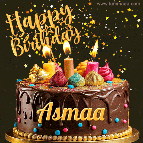 A delightful chocolate birthday cake with bright candles and 'Happy Birthday Asmaa' written in gold amidst a shower of animated stars.