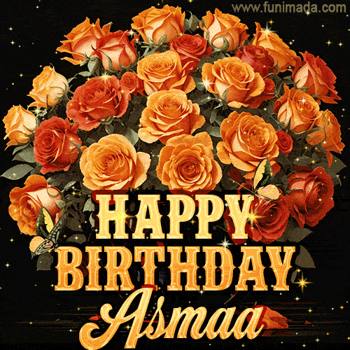 Animated bouquet of orange roses with moving butterfles and golden 'Happy Birthday Asmaa' text, surrounded by sparkling accents and a dark backdrop for a luxurious feel.