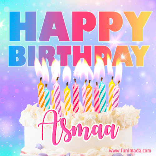 A vibrant animated name GIF with the words 'Happy Birthday Asmaa' with colorful candles on a creamy cake. The background sparkles with pastel shades, adding a festive touch.
