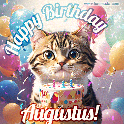 Happy birthday gif for Augustus with cat and cake