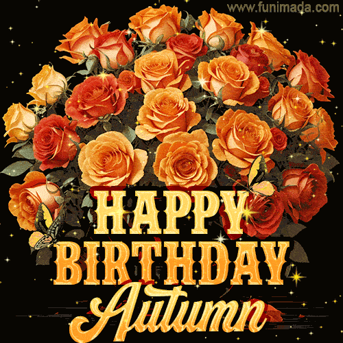 Beautiful bouquet of orange and red roses for Autumn, golden inscription and twinkling stars
