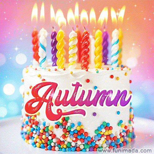 Personalized for Autumn elegant birthday cake adorned with rainbow sprinkles, colorful candles and glitter