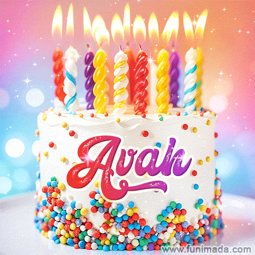 Personalized for Avah elegant birthday cake adorned with rainbow sprinkles, colorful candles and glitter