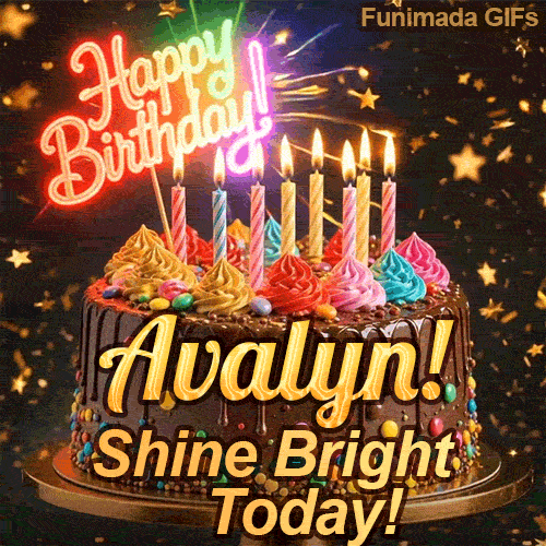 Happy Birthday Avalyn animated GIF displaying a chocolate drip cake decorated with multicolored frosting and lit candles.