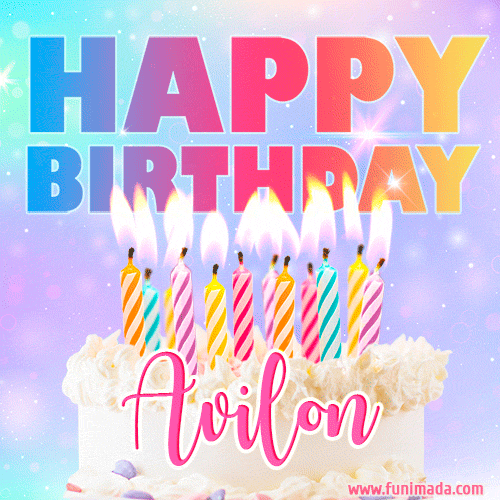 Animated Happy Birthday Cake with Name Avilon and Burning Candles