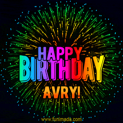 A colorful animated GIF featuring the text 'Happy Birthday Avry!' in rainbow colors with a dynamic iridescent firework display in the background.