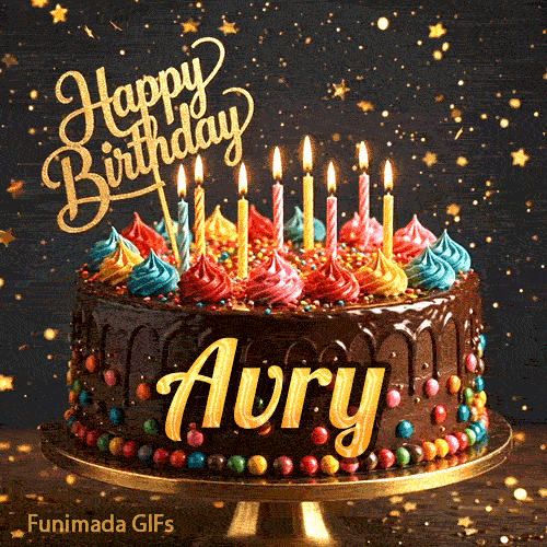 An animated birthday card featuring a detailed chocolate cake under falling gold dust, personalized for Avry.