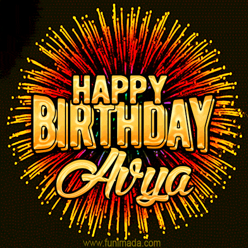 Golden 'Happy Birthday Avya' text accompanied by animated rainbow fireworks for a festive animated greeting.