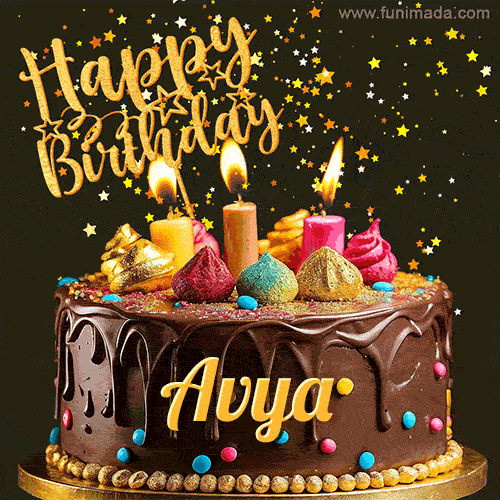 A delightful chocolate birthday cake with bright candles and 'Happy Birthday Avya' written in gold amidst a shower of animated stars.