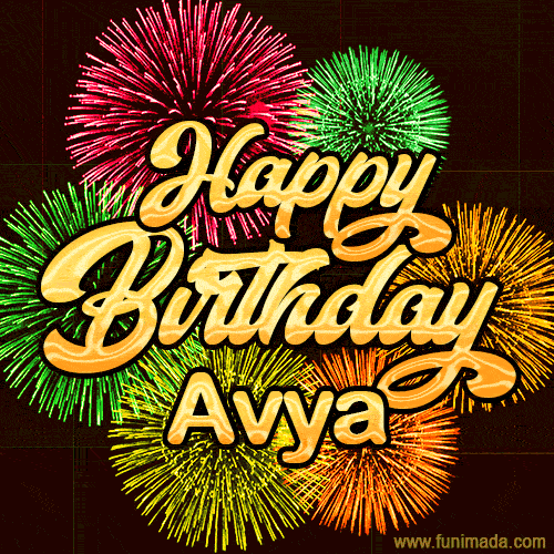 Golden text reading 'Happy Birthday Avya' surrounded by vibrant fireworks in red, green, and yellow, set against a dark background in this celebratory birthday GIF.