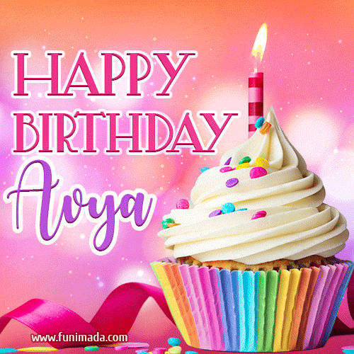 A vibrant birthday GIF featuring a rainbow-colored cupcake topped with white frosting, sprinkles, and a lit candle. The text reads 'Happy Birthday Avya' in bold pink and violet letters with white outline.