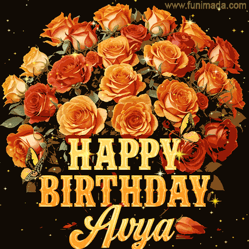 Animated bouquet of orange roses with moving butterfles and golden 'Happy Birthday Avya' text, surrounded by sparkling accents and a dark backdrop for a luxurious feel.