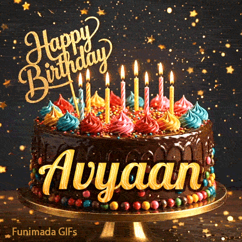 Gold Happy Birthday topper and bright burning candles on a chocolate frosted cake with the name Avyaan.