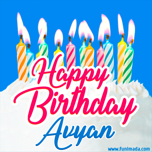 A cheerful animated GIF featuring colorful lit birthday candles on a white cake, with the text 'Happy Birthday Avyan' in bold red and blue script on a bright blue background.