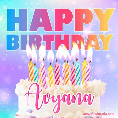 A vibrant animated name GIF with the words 'Happy Birthday Avyana' with colorful candles on a creamy cake. The background sparkles with pastel shades, adding a festive touch.