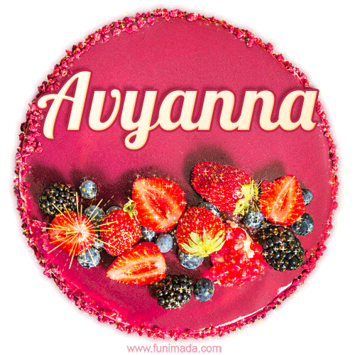 Beautifully decorated red velvet berry birthday cake with vibrant fruits and a glowing 'Avyanna' name, adding a touch of sweetness and sparkle.