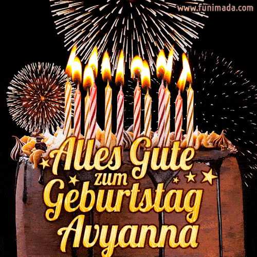 A chocolate birthday cake with glowing candles, the German text 'Alles Gute zum Geburtstag Avyanna,' and vibrant fireworks lighting up the background in an animated GIF.