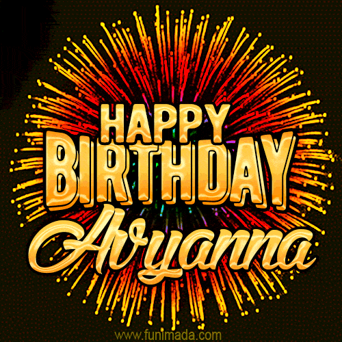 Golden 'Happy Birthday Avyanna' text accompanied by animated rainbow fireworks for a festive animated greeting.