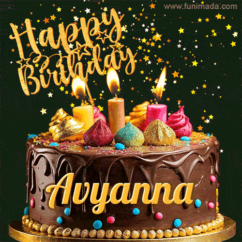 A delightful chocolate birthday cake with bright candles and 'Happy Birthday Avyanna' written in gold amidst a shower of animated stars.